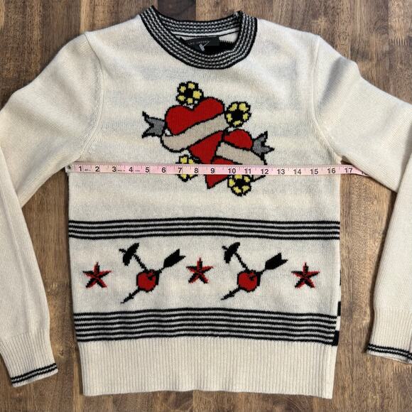 Marc Jacobs Tattoo Hearts Cherries 100% Wool Crewneck Sweater Ivory Size Small - Picture 5 of 10